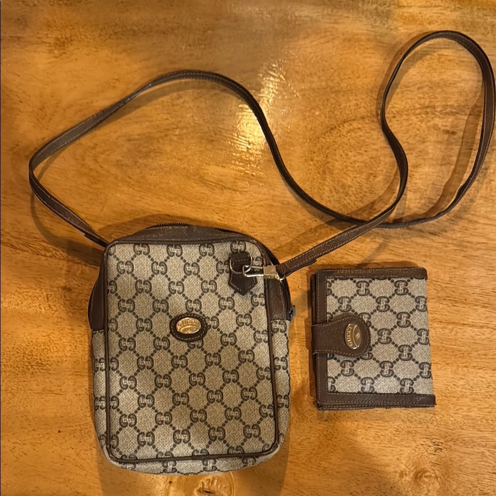 Vintage Gucci plus Brown Monogram Crossbody Bag and Wallet Set